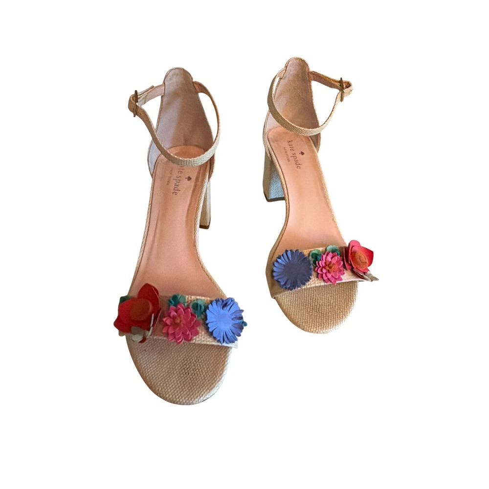 Kate Spade Sandals Beige Floral Applique Block Heel Ankle Strap Raffia 9.5M